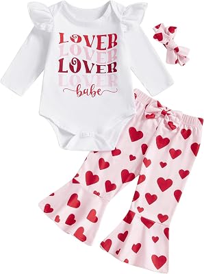 My First Valentines Day Toddler Baby Girls Clothes Set Heart Print Long Sleeve Romper Flare Pants Headband 3Pcs Set