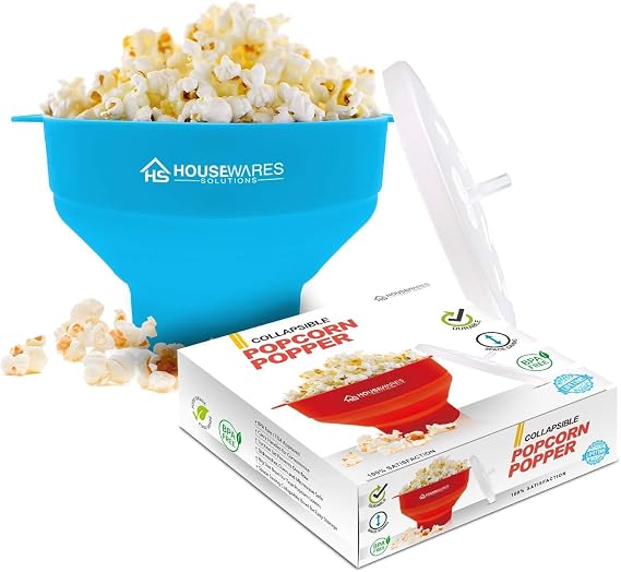 Collapsible Silicone Microwave Hot Air Popcorn Popper Bowl with Lid and Handles (Aqua)