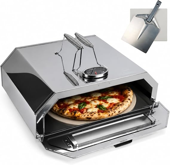 BBQ Pizza Oven Attachment for Gas & Charcoal Grills, Portable Grill Top Pizza Maker with Pizza Stone & Built-In Thermometer, Outdoor Pizza Oven Converter for Crispy Homemade Pizzas, Stainless Steel BB [Energy Class A+++]