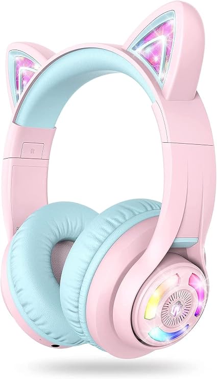 iClever Kids Headphones Bluetooth Headphones Cat Ear LED Light Up Wireless Kids Headphones with Volume Limit 74/85 dBA 45H Playtime with Microphone for School/Tablet/PC BTH13 Pink