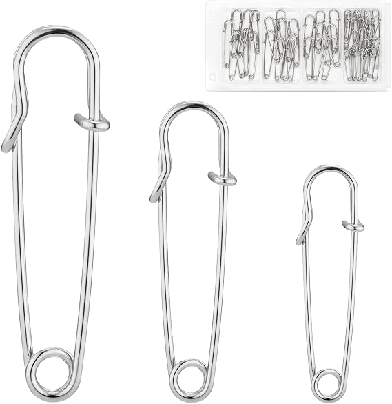 WISYOK 48Pcs Large Safety Pins, Assorted Sizes, Heavy Duty | Stainless Steel, Strong & Bulk, Ideal for Clothes, Blankets, Crafts, Kilts, Sewing, DIY