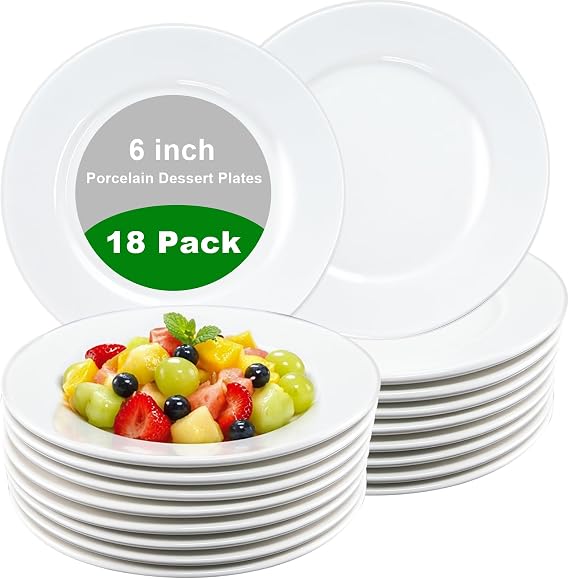 18 Pcs Porcelain Dessert Plates,6 Inch White Round Small Dinner Plate Set,Ceramic Serving Appetizer Plates for Cake Salad Dishes Bread Pasta,Dishwasher Safe and Microwave Safe