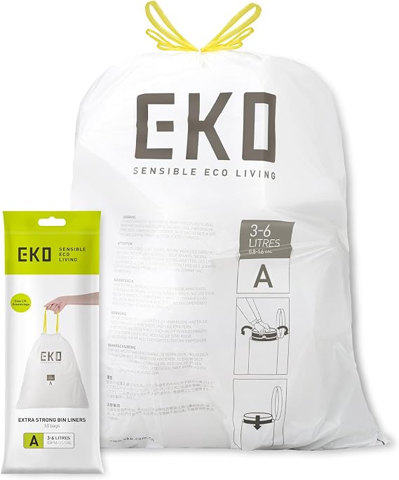 EKO Drawstring Bin Bags, Kitchen Bin Liners, 3-6 Litre, 30 Count, Code A