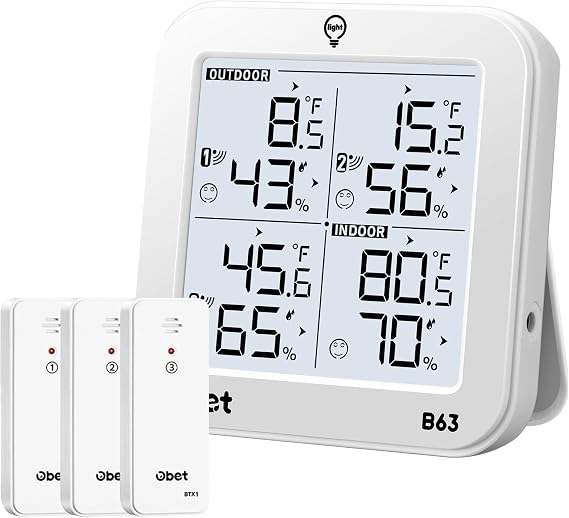 OBET Weather Station Wireless Indoor Outdoor Thermometer Wireless, Digital Temperature and Humidity Monitor with 3 Sensors, Adjustable Backlight, USB Port (500 Feet) White