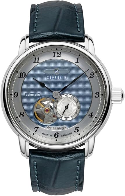 Zeppelin Z85663 Mens Friedrichshafen Leather Strap Blue Open Heart Dial Automatic Watch