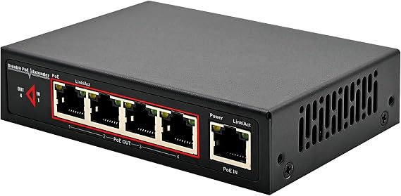 60W 4-Port Gigabit PoE Switch/Extender PoE Splitter | 10/100/1000Mbps, Supports IEEE 802.3af/at, Ethernet Extension, 6KV Lightning Protection