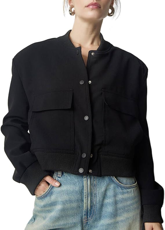 Womens Cropped Bomber Jackets Casual Button Down Stand Collar Varsity Jackets Shackets Coats With Pockets