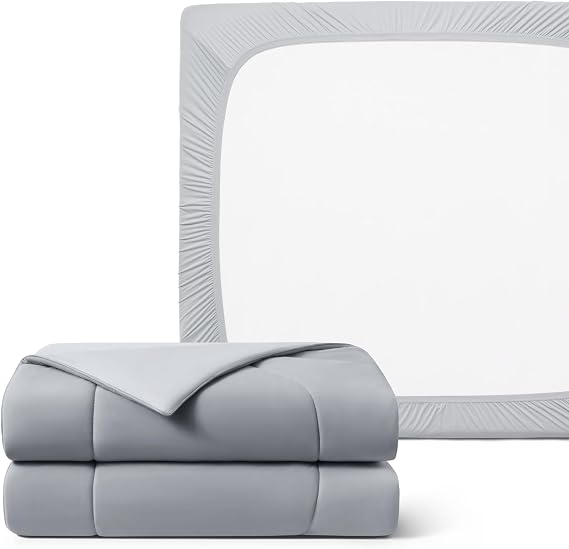 REST Buy 2 GET 30 Percent Off : Evercool Comforter Plus Fitted Sheet Bundle at 30% Discount, in Light Gray, TwinXL Size
