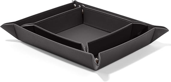 Black Onyx Leather Valet Tray Set Rectangle & Square Catchall Trays with Snap Construction, Travel-Friendly Design & Stitched Edges Desk or Dresser Organizer