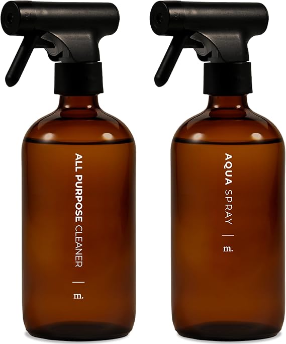 MaisoNovo Glass Spray Bottles For Cleaning Set of 2 - Amber 500ml Refillable Water Spray Bottle Glass, 16 Labels