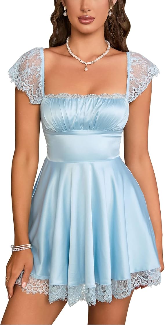 EYNMIN Women's Satin Lace Strap Mini Dress Square Neck Flowy A-Line Ruffle Swing Short Dresses