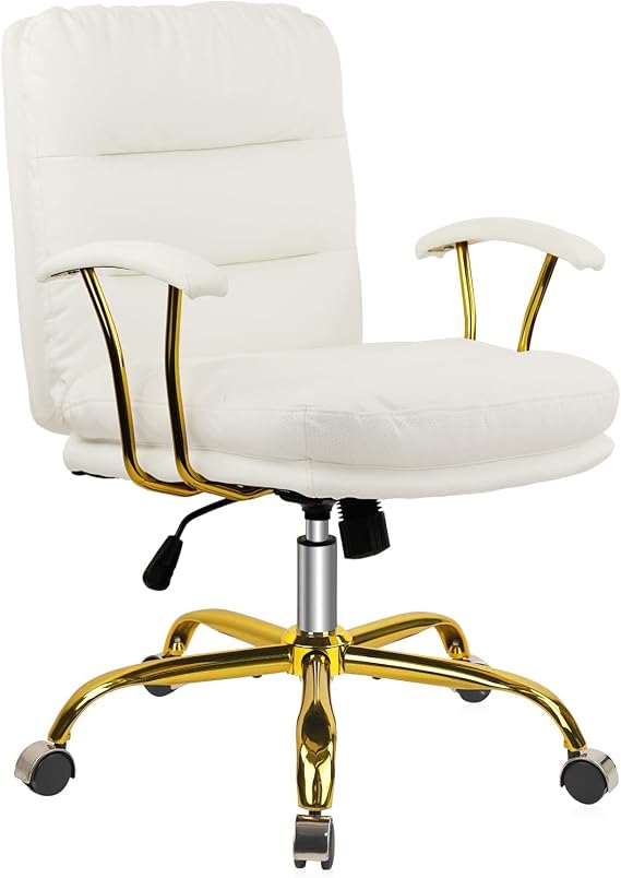 KLASIKA White Leather Office Chair with Gold Legs, Adjustable Height Home Desk Chairs with Padded Seat & Arms, Swivel Rolling Computer Chair for Girls Women Bedroom Dressing Study Vanity Living Room