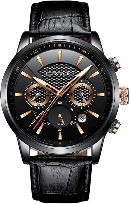 CRRJU Men's Business Casual Chronograph Quartz Waterproof Wristwatch Black Leather Strap