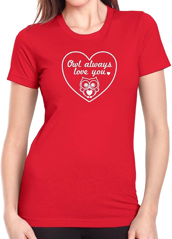 Valentines Day Owl Always Love You Red Ladies T Shirt (Medium)