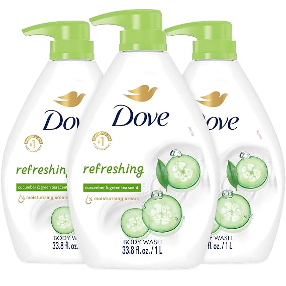 Dove Body Wash, Refreshing Cucumber & Green Tea, Value Size 3-Pack Moisturizing Shower Soap Liquid for Softer, Smoother Skin, 33.8 Oz Ea