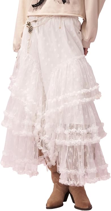 White Tulle Midi Skirt for Women, 3D Lace & Ruffle Layered Princess Skirt