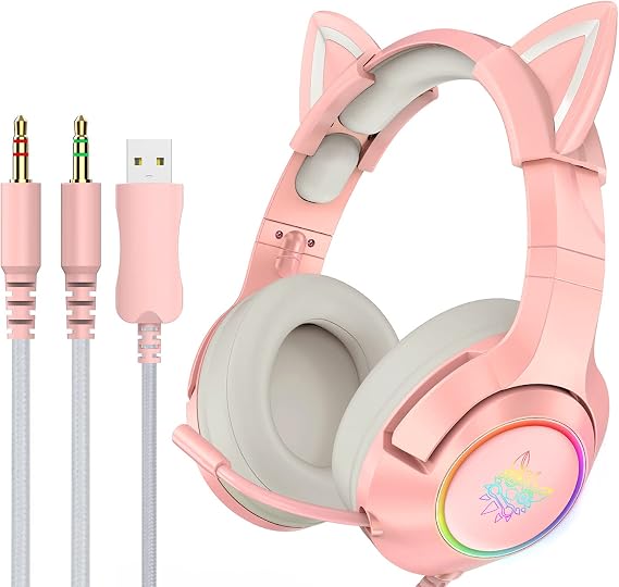 K9 3.5mm Wired Gaming Headset Removable Cat Ears Headphones Noise Canceling E-Sports Earphone with Microphone RGB LED Light Volume Control Mute Mic for Desktop PC