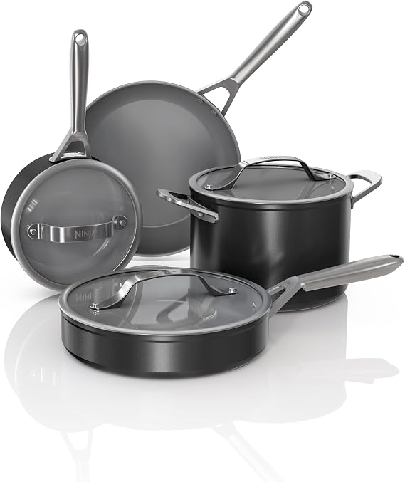 Ninja Ceramic Pro 7-Piece Cookware Set, Non-Stick Pots & Pans Set with Glass Lids, Nontoxic, PTFE Free, Ceramic Coated, Oven Safe, All Stovetops & Induction Compatible, Black, CW39007BK