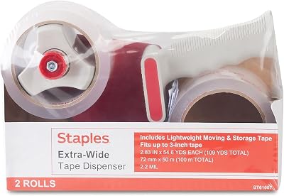 Staples ExtraWide Packing Tape with Dispenser, 2.83 x 54.6 Yards, Clear 2Roll Pack