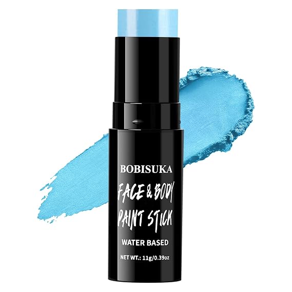 BOBISUKA Light Blue Face Paint Stick, Highly Pigmented Full Coverage Washable Cream Face & Body Paint for Halloween Smurf Sally Corpse Bride Avatar Cosplay SFX, Sports Eye Black & Costume Party