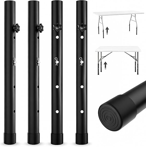 Folding Table Leg Extenders, 4-Level Adjustable Height Table Risers | Raises Table Height, Reduces Stooping and Back Strain, Steel Table Leg Extensions, Black, 4 Pack