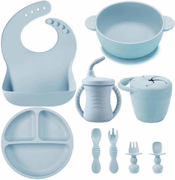 PandaEar Silicone Baby Feeding Set | 9PCS Baby Led Weaning Set | Baby Eating Set | Divided Suction Plate Bowl Bibs Sippy Cup with Baby Snack Container Spoons Forks (Blue)