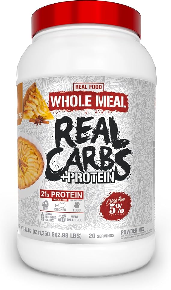 5% Nutrition Rich Piana Real Carbs + Protein | Clean Mass Gainer Meal Replacement Protein Powder | Carbohydrate for Pre Workout/Post-Workout Recovery Meal | 2.9 lb, 20 Servings (Apple Cinnamon Pie)