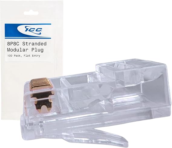 ICC CAT6 RJ45 Modular Plug, Flat Entry Connector for Stranded Ethernet Cable, 8P8C, 100 Pack