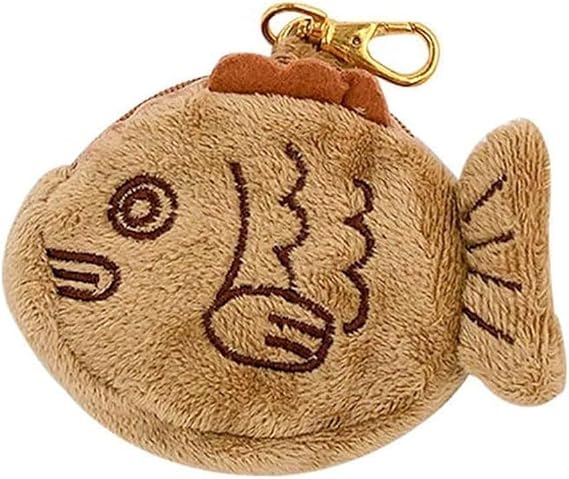 1Pc Brown Cute Plush Coin Purse Keychain, Mini Wrist Purse Bag, Japanese Creative Adjustable Soft Taiyaki Coin Pendant with Zipper Plush Pouch for Girl Women's Coin Purses Pouches, Fish