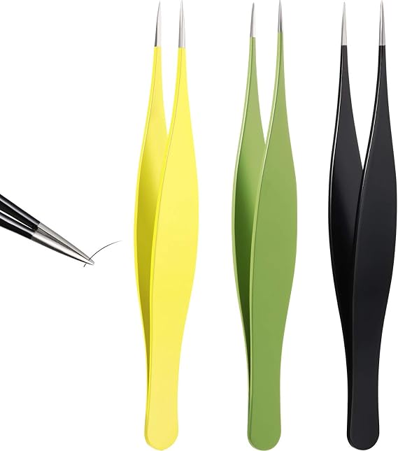 Mudder 3 Pcs Pointed Tweezers Ingrown Hair Eyebrow,Black, Yellow, Green | Stainless Steel for Women Facial Hair Blackhead Removal, Eyebrow Shaping Tool, Sharp Precision Tips for Splinters Shards