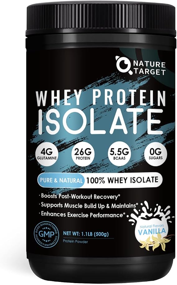 NATURE TARGET Whey Protein Isolate, Vanilla Flavors, 26g Protein | 100% Whey Isolate, 0 Sugar, Mixes in Cold Water, Perfect for Baking, No Stevia Aftertaste, Gluten-Free, 1.1 LB (16 Servings)