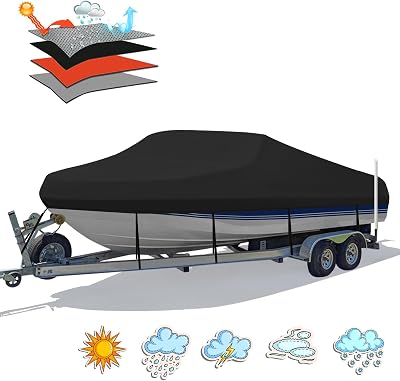 Heavy Duty 1200D PU Waterproof Boat Cover, 20- 22 Trailerable Marine Grade Polyester Canvas, Fits 20-22ft V-Hull, Bass Boat, Runabout, Ski, Fishing Boat with Tightening Strap, Black
