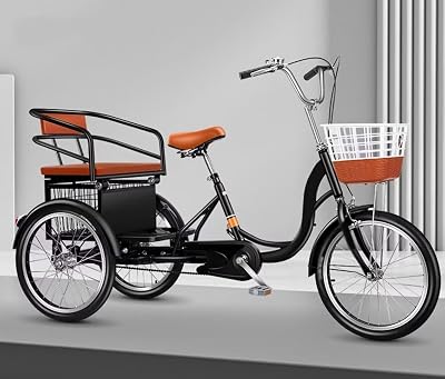 3 Wheels Bicycle,Rickshaw Tricycle with Pedals,Tandem Trike with Back seat,seat with Belt,Front Wheel Caliper Brake,Outdoor Bike,Pneumatic tire Spoke Wheels Black Large seat 20 in