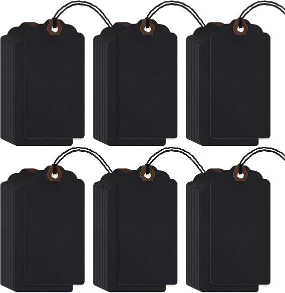Outus 60 Pcs 4 3/4-in x 2 3/8-in Blank Large Paper Gift Tags with String and Reinforced Eyelet Wire Writable Price Tags Shipping Labels Inventory Labels(Black)