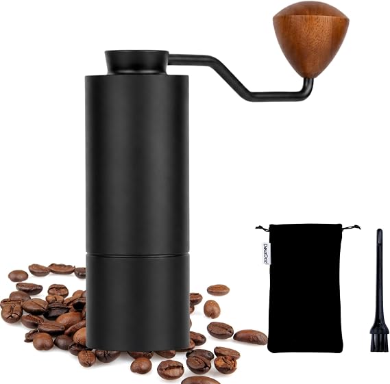 Compact Manual Coffee Grinder with Stainless Steel Burr, Black | 24-Grid Adjustment System, High Precision Control, with Wooden Handle, Single Dose Design, for Home, Travel, Camping and Gift