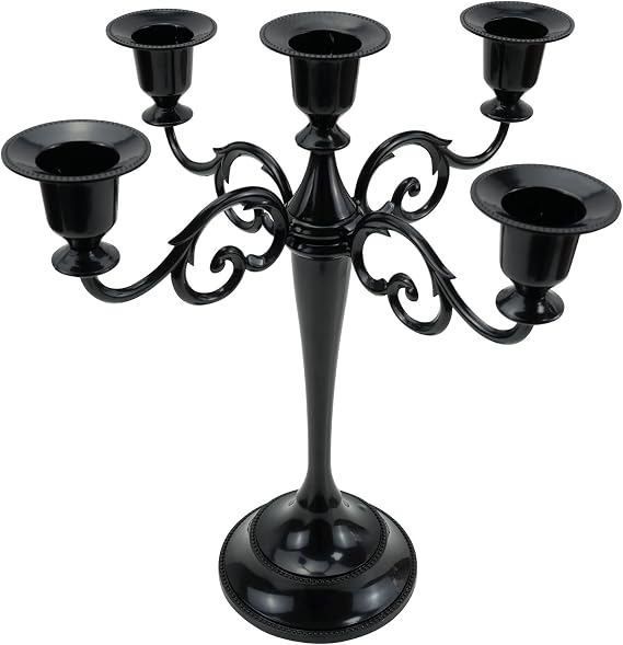 5-Arm Metal Candelabra Candle Holder Table Centerpiece, Black | Classic 5-Arm Metal Candelabra, Glossy Black Finish. Romantic Taper Candlestick Centerpiece for Wedding, Holiday, Dinner
