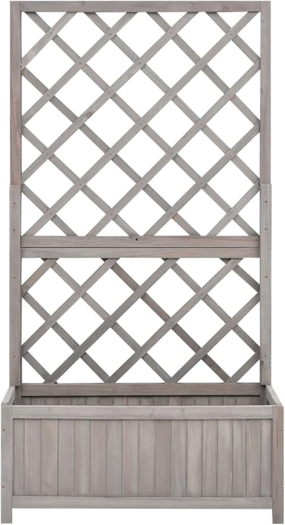 Grey Solid Firwood Trellis Planter with Flower Box - Outdoor Climbing Plants Support - 70 x 30 x 135 cm