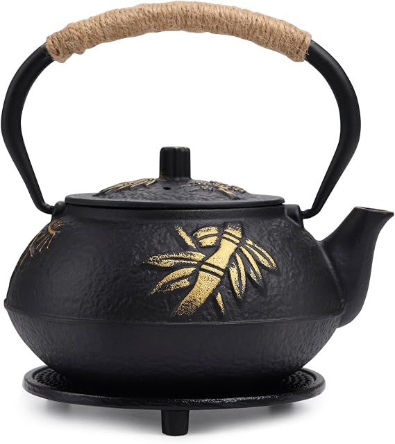 Fuloon Cast Iron Teapot 0.9L with Removable Stainless Steel Strainer | Elegant Chinese leaf pattern, 3-cup capacity, includes handmade gift box & iron trivet, ideal for daily tea making & gifting