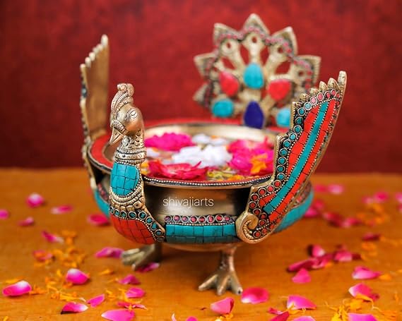 Brass Peacock Urli Stone Work 22 CM Center Table Decoration Traditional Bowl Art