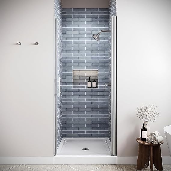 Foglia 34" x 72" Semi-Frameless Pivot Shower Door with CrystalTech Treated 1/4" Tempered, Clear Glass, Polished Chrome Hardware, SKU: DSD-3472-238-CH