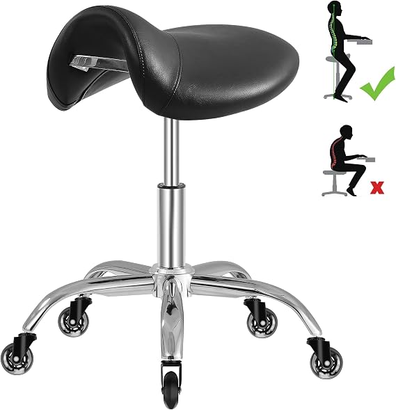 Saddle Stool with Wheels, 500 lb Capacity, Medical Massage Salon, Kitchen, Spa, Drafting, Nail Tech, Adjustable Height, 360 Degree Rotation, Wide Thick Seat Pad Premium Black