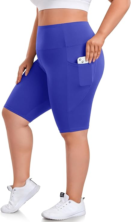 we fleece 8" Plus Size Biker Shorts with Pockets, High Waist | Soft & stretchy, 2 side pockets for phone/keys, no-roll high waist, squat-proof, for yoga gym cycling