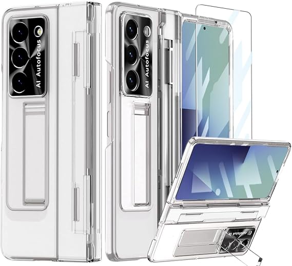for Galaxy Z Fold 7 Case with Flat Hinge Protection, One-Piece Z Fold7 Phone Case Kickstand Screen Protector Camera Protector Full Coverage Protective Cover for Z Fold 7 Clear