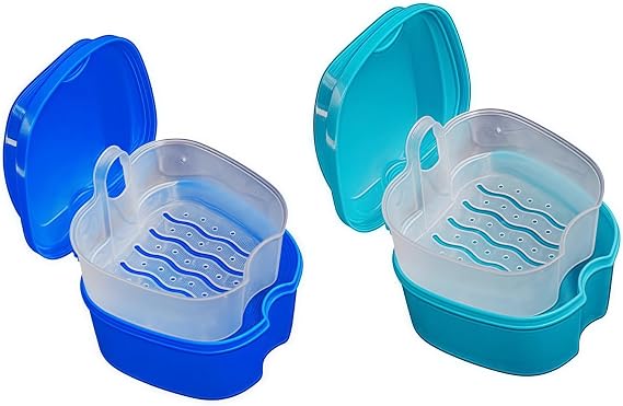 Retainer Case,2 Pcs Dental Container Case,Leak Proof Denture Bath Cup,Braces Box with Strainer,Portable Denture Storage Box,Soaking Denture Box for Home,OfficeTravel,False Teeth(Blue)
