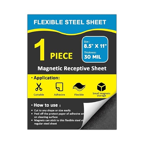 STTMGN Flexible Metal Sheets for Magnetic Receptive with Adhesive Backing,30 Mil Thick,8.5x11,Peel and Stick Steel Sheet for Magnets-1 Piece