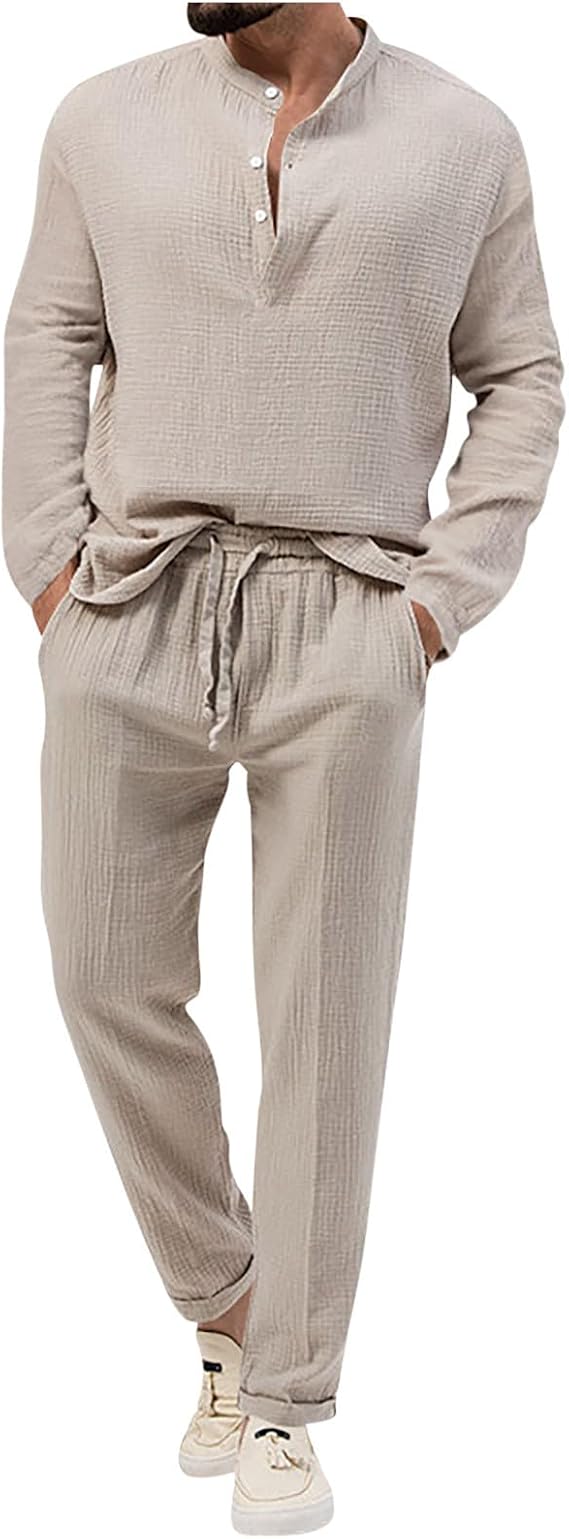 Cotton Linen Sets for Men 2 Piece Button Down Shirt Long Sleeve Drawstring Waist Pants Fall Fashion Outfits 2023