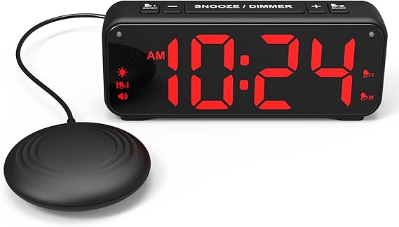 Extreme Powerful Vibration Alarm Clock + Extra Loud Alarm for Heavy Sleeper/Deaf/Hearing Impaired, Extra Large Display for Elderly with Dual Alarm, Snooze and 5-level Adjustable Brightness (BLACK)