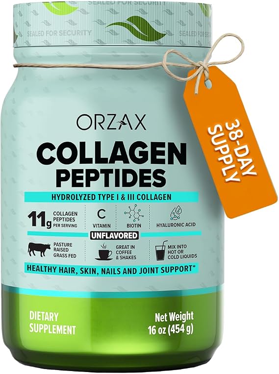 ORZAX Collagen Peptides Powder | Grass-Fed Bovine Hydrolyzed Type I & III with Biotin & Hyaluronic Acid | Unflavored Collagen Supplement for Women & Men | Skin, Hair, Nails & Joints | 16 oz