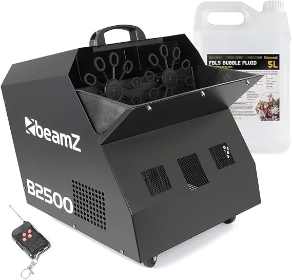 BeamZ B2500 Professional Bubble Machine & 5L Fluid – High-Capacity DJ Bubble Maker with Twin Wands, Dual Fans for Events, Festivals, Wireless Remote Control, Castor Wheels for Mobility