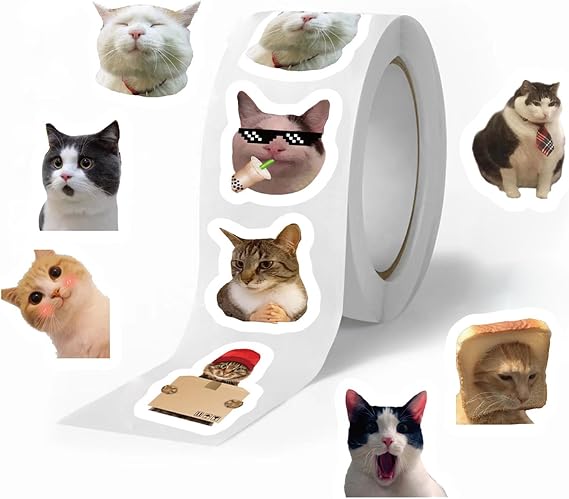 Pack of 500 Cat Meme Sticker Roll Funny Cat Sticker Roll 10 Types Waterproof Vinyl Stickers for Water Bottles Cute Animals Meme Laptop Car Sticker Gift Decoration